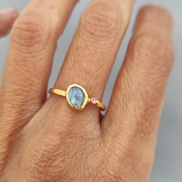 Moissanite ring. 14K yellow gold ring with Blue Moissanite & small Ruby. UNIQUE - Picture 10 of 14